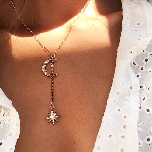 ladies short necklace with moon and star